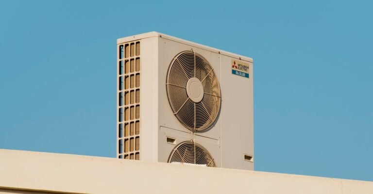 A simple and modern air conditioner unit on a rooftop with a blue sky backdrop in Dubai.
